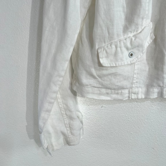 CAbi‎ White Linen Utility Jacket Medium Mandarin Collar Button Front Cropped - Picture 5 of 8